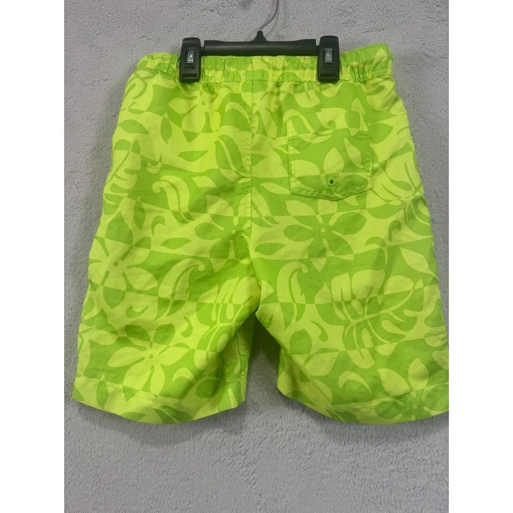 Lands' End Swim Trunks Boys L 10-12 Neon Green Tropical Floral Mesh Lined UPF 50